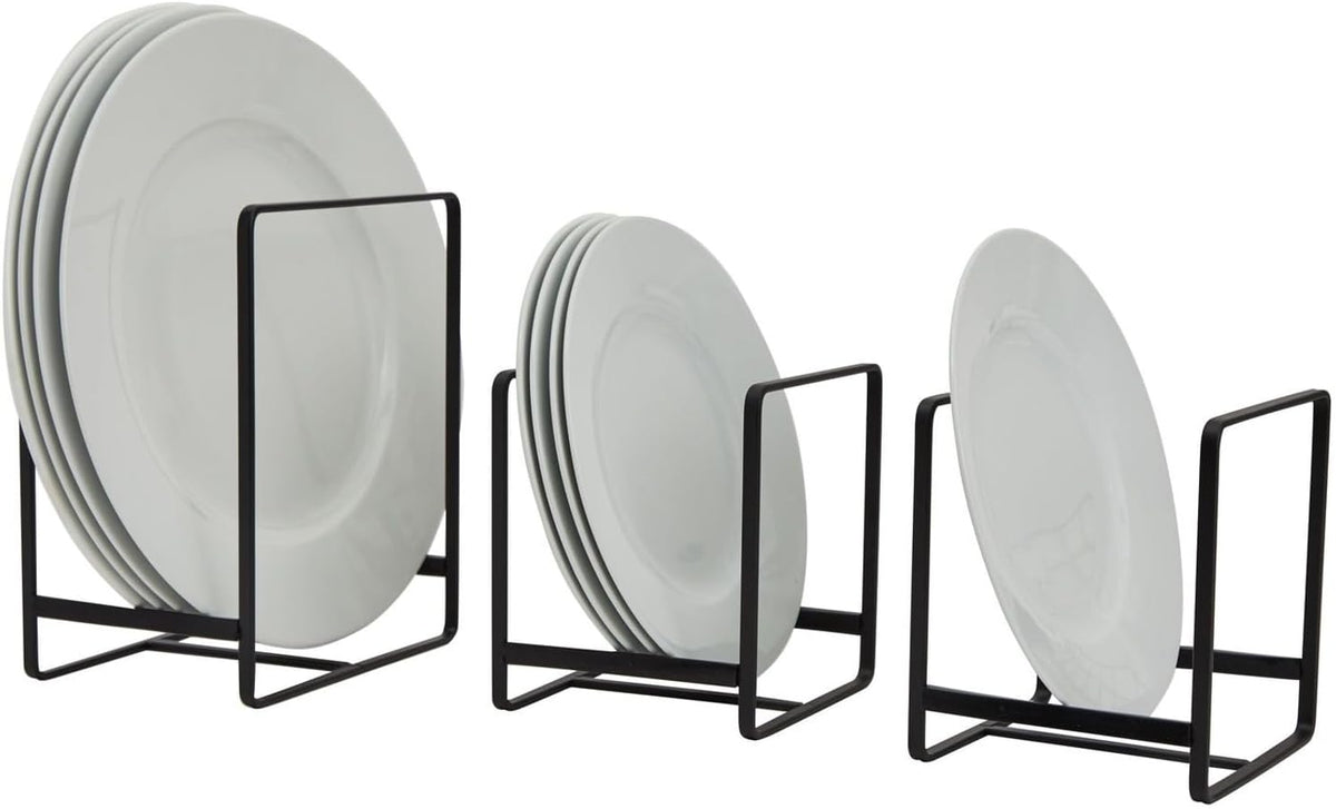Juvale 3-Piece Kitchen Cabinet Organizer Shelf - Black Iron, 2 Sizes for 8" & 10" Plates - Cutting Board Organizer, Pot Lid & Paper Plate Holder