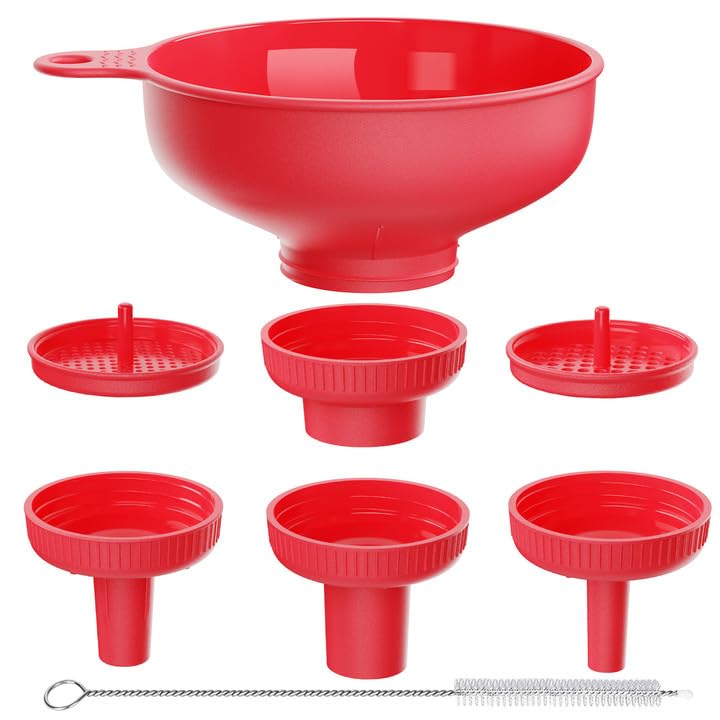 Pisol Wide Mouth Versatile Funnel, Canning Funnels for Kitchen Use, Food Grade Plastic Cooking Funnel Set with 4 Size Spouts and 2 Strainers for Filling Different Bottles and Bags, Red