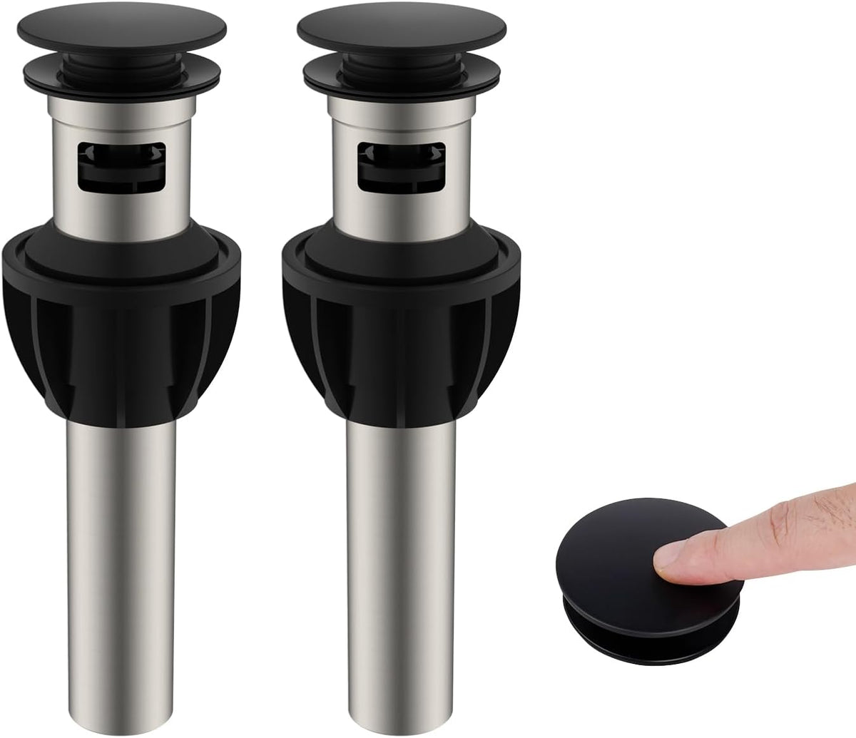 Hibbent 2 Pack Metal Bathroom Sink Drain with Overflow, Push and Seal Pop Up Drain Stopper, Stainless Steel Vessel Lavatory Vanity Sink Drain Stopper, Anti-Clogging Strainer, Matte Black
