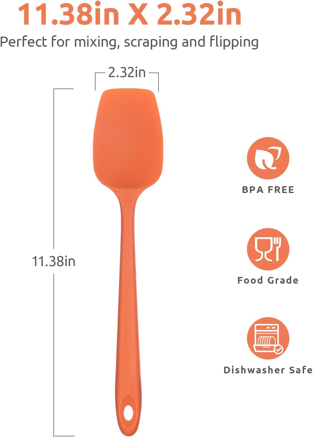 Heat Resistant Silicone Spoon Spatula: U-Taste 600ºF High Heat Flexible 11.38in Silicon Mixing Stirring Cooking Scraping Baking Bowl Scraper Seamless Spreader for Nonstick Cookware (Orange)