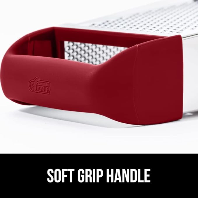 GORILLA GRIP 4-Sided 100% BPA-Free Cheese Grater With Container, Stainless Steel XL Box Graters, Parmesan Shredder, Grate Cheeses, Shred Veggies, Slip Resistant Handle, Dishwasher Safe Zester, Red