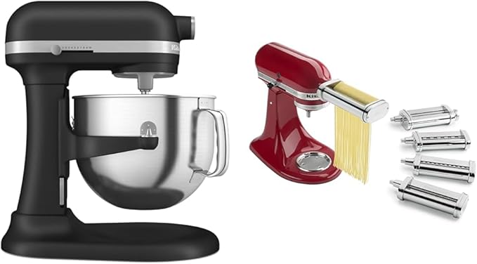 KitchenAid® 7 Quart Bowl-Lift Stand Mixer, Cast Iron Black & KSMPDX Pasta Deluxe Set Stand Mixer Attachment, 5 Piece, Stainless Steel