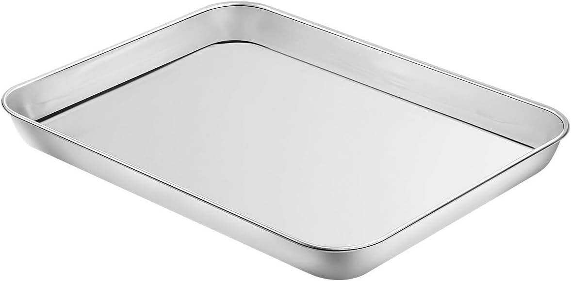 Baking & Cookie Sheets Set of 4, Yododo Stainless Steel Compact Toaster Oven Pan Tray Ovenware Professional, Size 10.23 x 8.26 x 1 inch, Heavy Duty, Deep Edge, Superior Mirror Finish, Dishwasher Safe