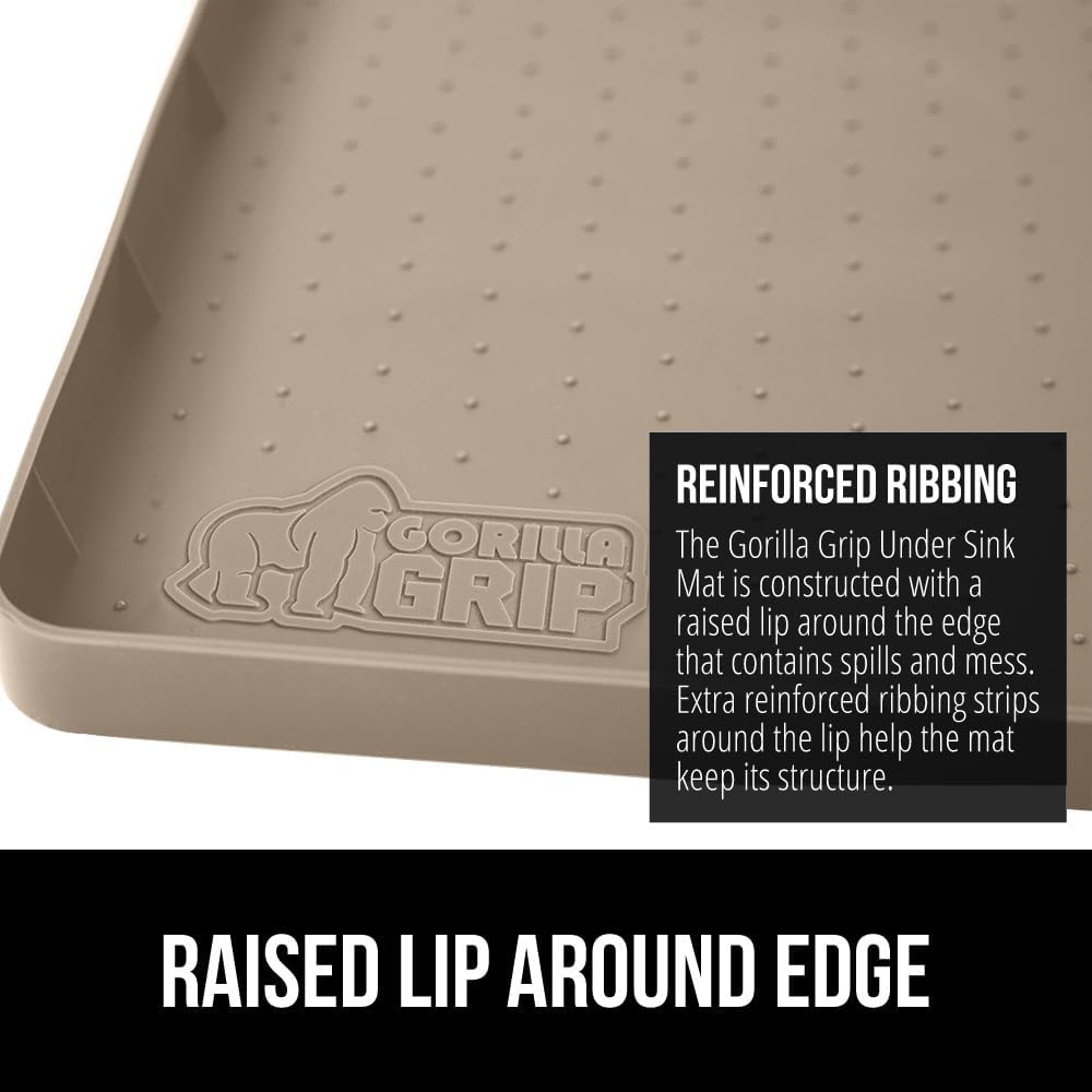 GORILLA GRIP Waterproof Silicone Under Sink Mat with Raised Lip for Kitchen and Bathroom, 28 x 22 in, Cabinet Shelf Liner Stay in Place Mats Dishwasher Safe Drawer Liner, Organizer Tray, Beige