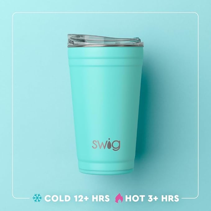 Swig Life 24oz Party Cup, Stackable Insulated Travel Coffee Tumbler with EZ Slider Lid, Cup Holder Friendly, Stainless Steel 24 oz Tumbler, Reusable Coffee Mug (Saturdays in Austin)