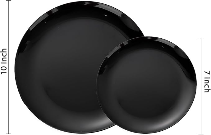 PULOTE 200PCS Black Plastic Plates - Heavy Duty Black Disposable Include 100 Each (10 inch Dinner & 7 inch Dessert) Plates, Disposable for Party, Birthday & New Year