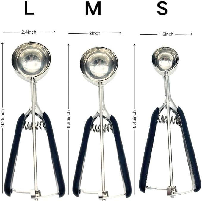 Cookie Scoop Set, 3Pcs Ice Cream Scoop Set, Small/1 Tbsp, Medium/2 Tbsp, Large/3 Tbsp, Stainless Steel Cookie Dough Scoop with Non-Slip Grip,for Melon Balls waffle Muffins
