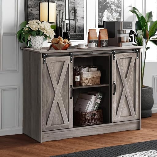 4 EVER WINNER Farmhouse Coffee Bar Cabinet with Sliding Barn Door, 42” Coffee Bar Table with Adjustable Shelves, Buffet Cabinet with Storage for Kitchen Living Dining Room, Wash Grey