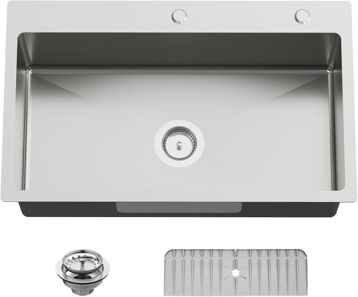30x18 In Drop Inch Kitchen Sink-Stainless Steel Topmount Modern Single Bowl Kitchen Sink Come With Silicon Mat, Drain Strainer Set Offer Large Basin And Compatibility With Various Kitchen&Bar Style