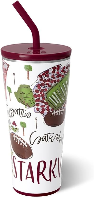Swig Life 32oz Straw Tumbler, Travel Coffee Tumbler with Lid, Cup Holder Friendly Travel Coffee Mug, Stainless Steel, 32 oz Reusable Insulated Coffee Mug (Saturdays In Starkville)