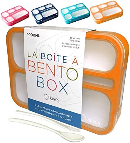 Bento Lunch Box for Kids, Boys, Girls, Adults, 6 Compartment Lunch-Boxes, Leakproof School Snack or Meal Portion Container, Utensils, BPA-Free, Orange