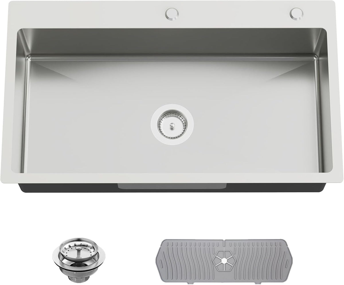 33x19 Inch Drop In Kitchen Sink-Stainless Steel Topmount Modern Single Bowl Kitchen Sink Come With Silicon Mat, Drain Strainer Set Offer Large Basin And Compatibility With Various Kitchen&Bar Style