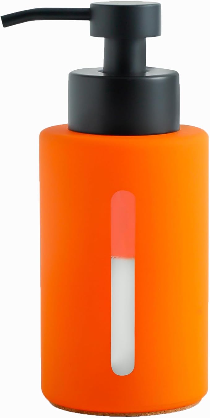 Enra Fall Glass Soap Dispenser with Window,12oz Orange Bathroom Soap Dispenser with Stainless Steel Lotion Pump,Hand Liquid Soap Dispenser Countertop for Bathroom Kitchen(Orange/Liquid Type)