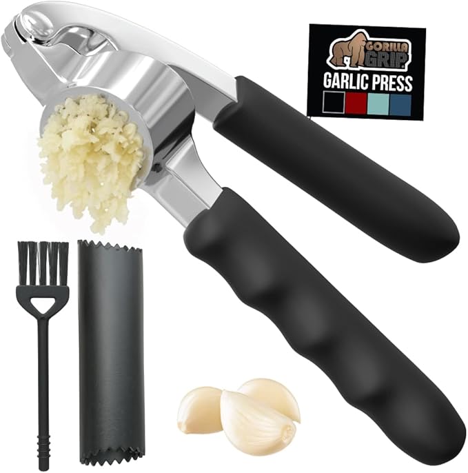 GORILLA GRIP Garlic Press and Peel Set, Heavy Duty Mincer Tool, Large Ergonomic Handle, Easily Mince, Crush Garlics Ginger Nuts, Peeler Included for Peeling Cloves, Holiday Prep Kitchen Gadgets, Black