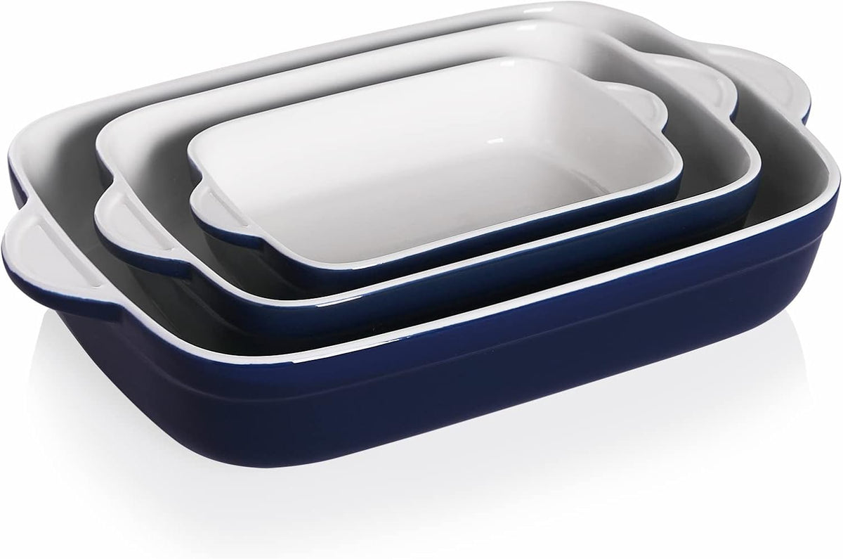Sweejar Casserole Dishes for Oven, Ceramic Bakeware Set of 3, Lasagna Pan Deep with Handle, Rectangular Baking Pan Set, 9x13 Baking Dish for Cooking, Banquet and Daily Use (Navy)