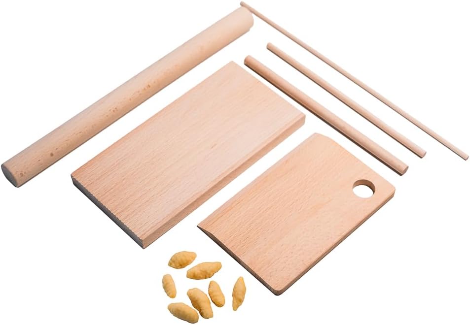 Wooden Pasta Board Set – 6-Piece Pasta Making Tools – Includes Pasta Board, Bench Scraper & 4 Rolling Pins – Make Rigatoni, Gnocchi, Garganelli, Trofie & More – Homemade Pasta Kit by Roppa