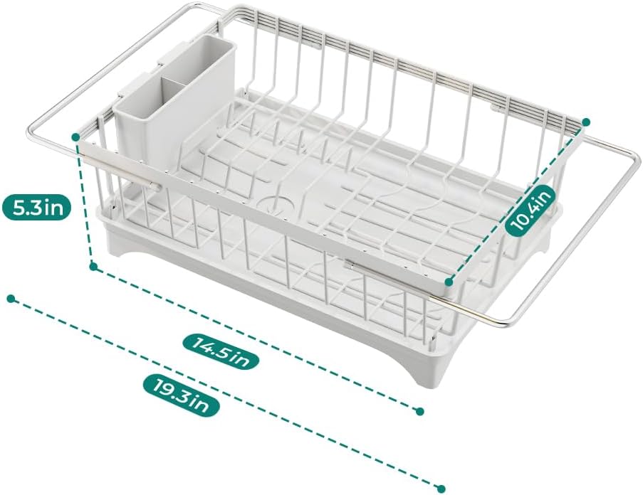 Small Dish Drying Rack in Sink, Expandable Stainless Steel Dish Drainers for Kitchen Counter, with Drain Board & Utensil Holder(White)