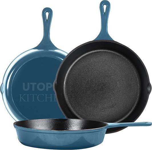 Utopia Kitchen Saute Frying Pan 3 Piece Set, Cast Iron Chefs Pan, Pre Seasoned Cast iron Skillets, 6, 8 & 10 Inches, Easy Use in the Oven, Stove, Grill, or Campfire, Teal