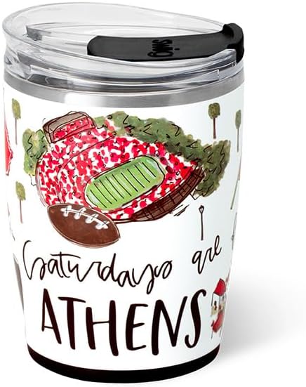 Swig Life 12oz Insulated Tumbler, Travel Coffee Tumbler with Lid, Cup Holder Friendly Travel Coffee Mug, Stainless Steel, 12 oz Reusable Insulated Coffee Mug (Saturdays in Athens)
