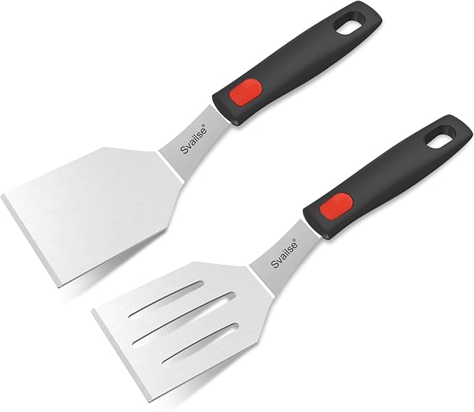 2Pcs Stainless Steel Spatula Set, Metal Turners for Kitchen Use, Metal Cooking Utensils for Cast Iron Skillet with Silicone Handle, Spatula Flipper for Frying Egg, Brownie, Cookies or Pancake