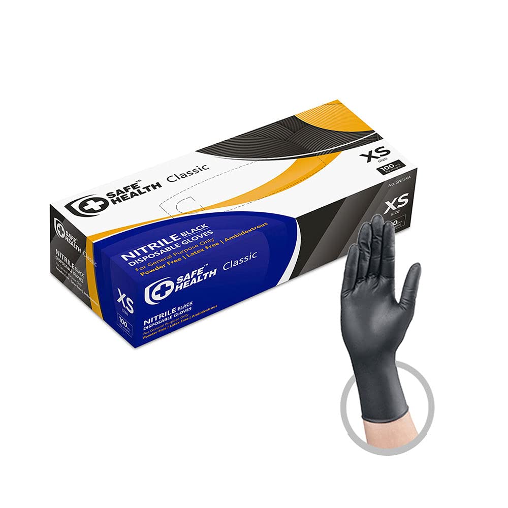 Safe Health Nitrile Black Disposable Gloves, Latex Free, Powder Free, Box of 100, XS, Textured, 3.5 mil, Industrial, Tattoo, Salon, Hair, Auto, Car, Cleaning, Food, Cooking