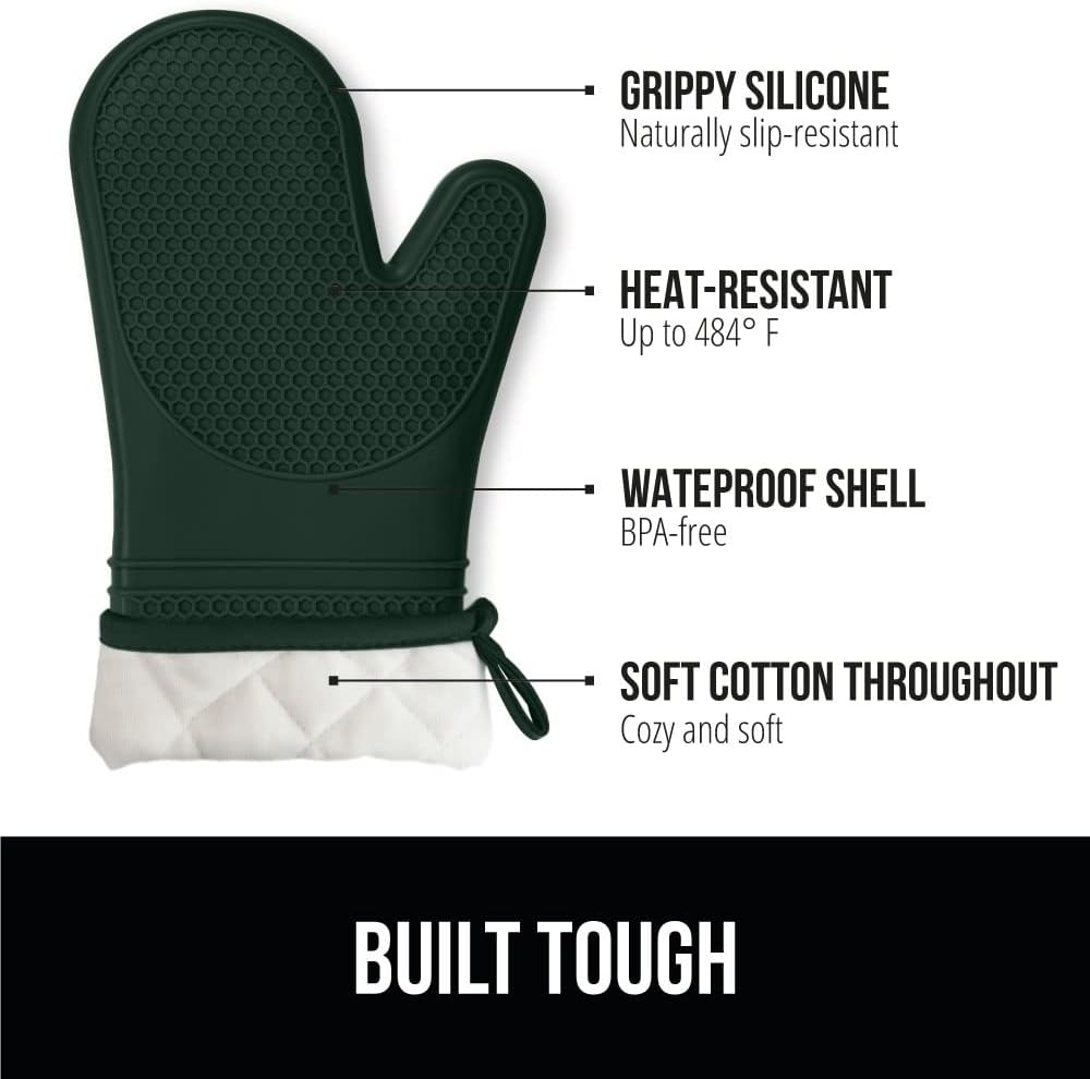GORILLA GRIP BPA-Free Soft Silicone Oven Mitts, Heat Resistant and Waterproof Cooking Gloves, Thick Cotton Lining, Flexible Gripping for Baking Grilling, Kitchen Potholders Set, 12.5x8.3, Hunter Green