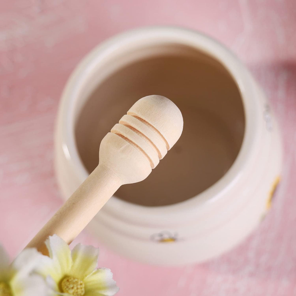 Ceramic Honey Jar with Wooden Honey Dipper-Honey Pot with Dipper- Honey Jar with Stand, Great Bee Decor- Farmhouse Kitchen Decoration (Honey Jar-Bee)