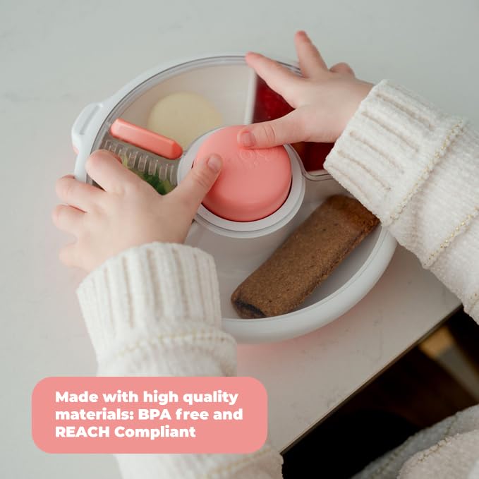 GoBe Kids Small Snack Spinner Slide Bundle with Hand Strap and Sticker Sheet - Reusable Snack Container with 5 Compartment Dispenser and Lid | BPA/PVC Free | Dishwasher Safe | No Spill