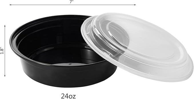 24 oz 150 ct Round Meal Prep Food Storage Containers with Lids To Go Plastic Lunch Plan Box Disposable Take Out Bowls Black BPA Free Durable Stackable Microwave Freezer Safe (Formerly FULING)