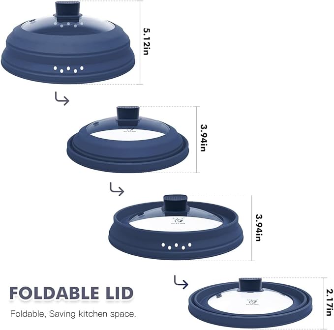 Microwave Splatter Cover Glass Cover Guard Lid with Collapsible Silicone for Food Pot Plate Cover 11.8 inch Dark Blue