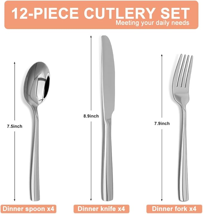 Silverware Set,18/10 Stainless Steel 12Piece Silverware Set with Knives Spoon Forks Set for Home, Kitchen and Restaurant, Mirror Polished& Dishwasher Safe