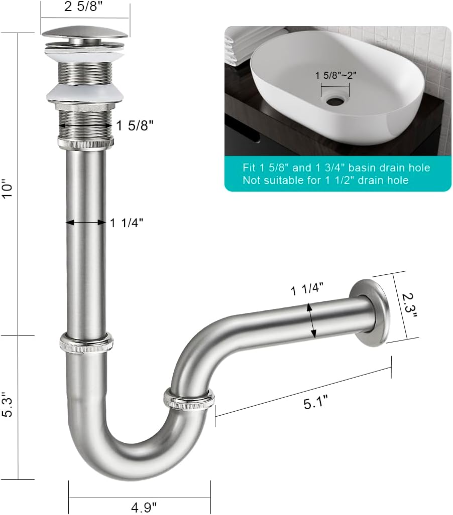 Bathroom Sink U Shape Bottle Trap Complete Set, Adjustable 1-1/4 Bottle P-Trap Sink Drain Kit Tube and Pop Up Drain Stopper Without Overflow, Brushed Nickel