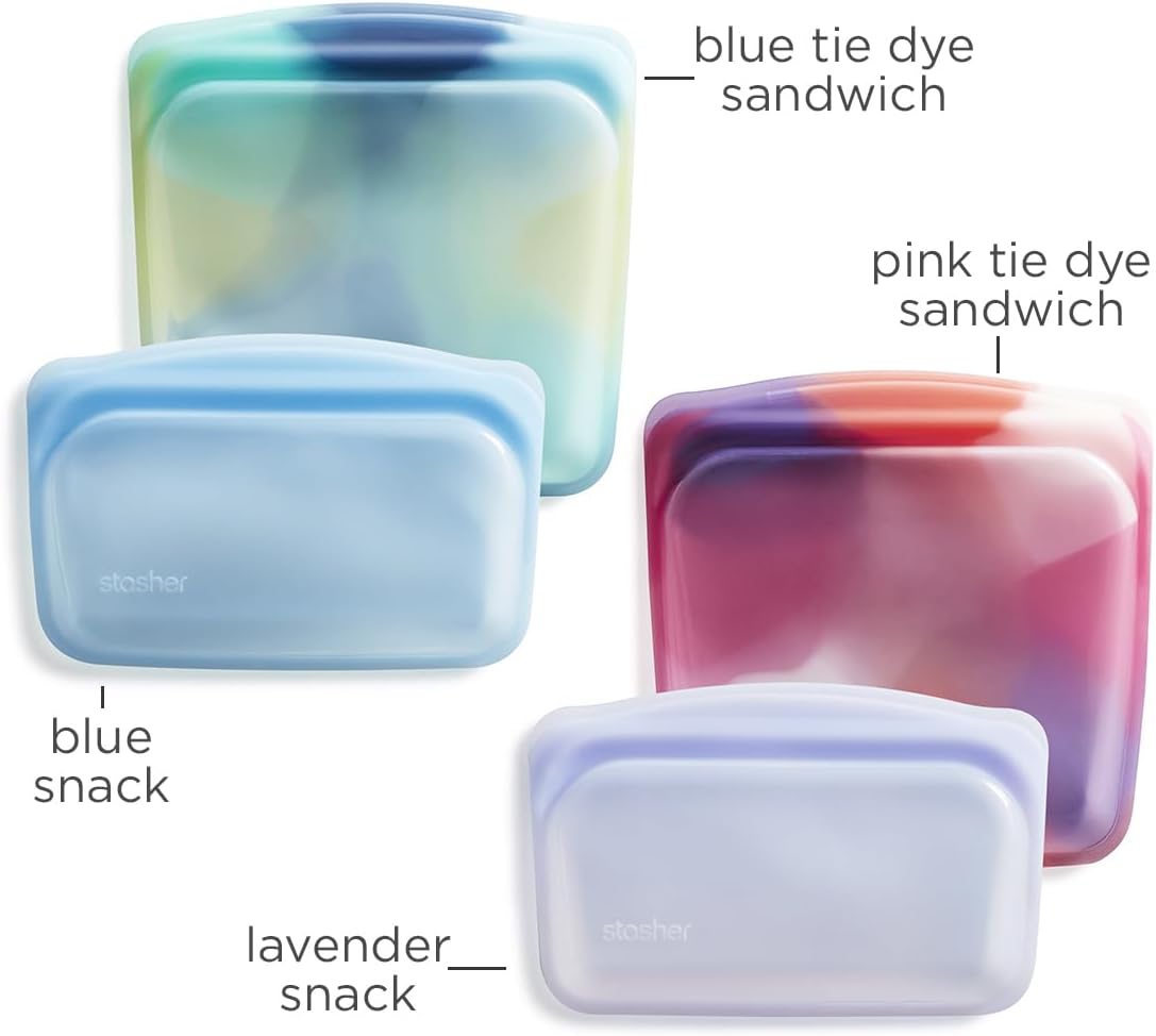 Stasher Premium Silicone Reusable Food Storage Bags, 4-Pack, Tie Dye Multi, Multi-Use Food Storage Bags, Lunch Bag, Travel Containers, BPA Free, Leak-free, Dishwasher-Safe, Eco-friendly