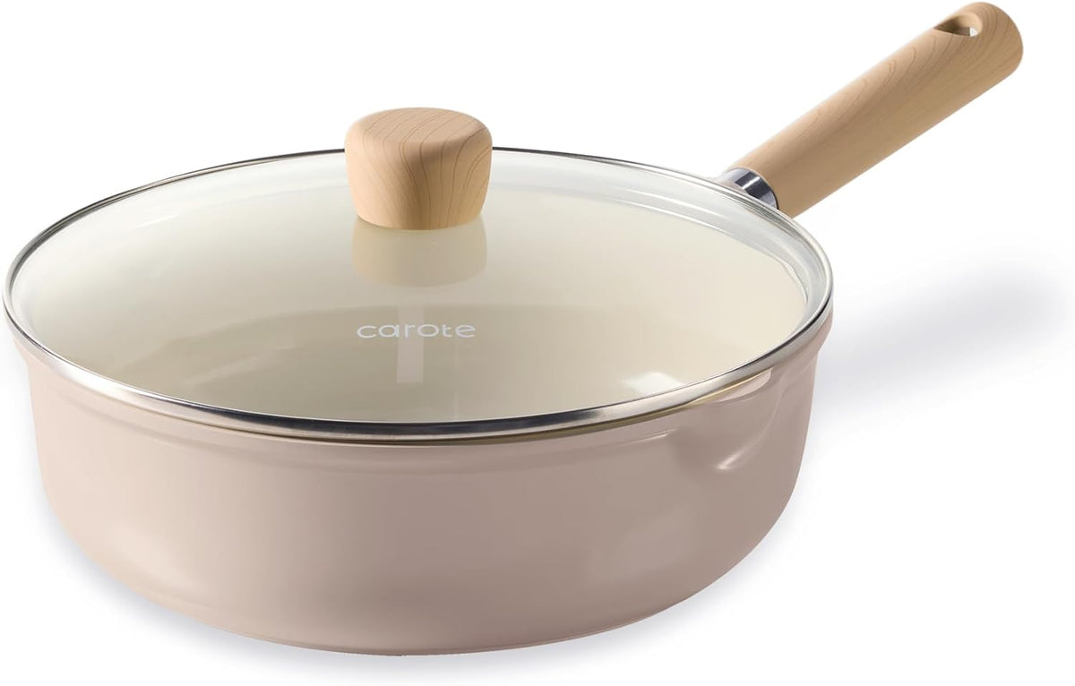 CAROTE 10" Ceramic Saute Pan wilt Lid, Non Stick Frying Pan Skillet Chef's Pan, Healthy & PFOA/PFAS Free, Induction-Compatible, Taupe