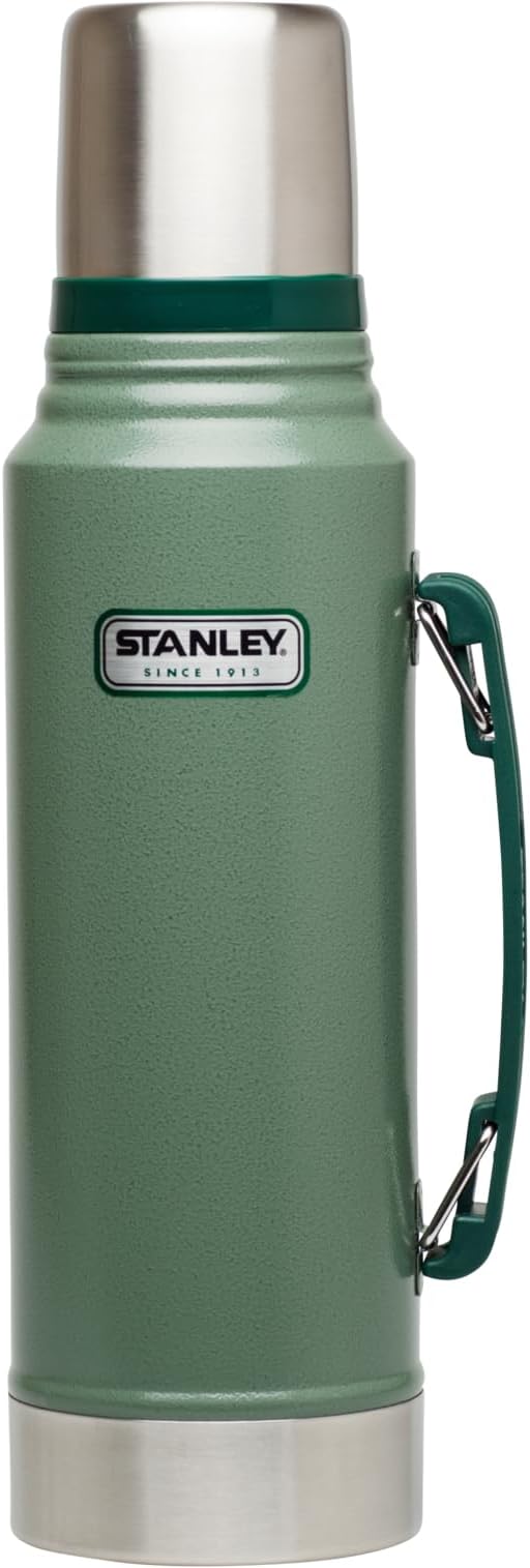 Stanley Heritage Classic Vacuum Bottle with Handle 1.1 qt | Wide Mouth w/Leakproof Cup Lid | Keep Drinks Hot or Cold | Insulated Stainless Steel Thermal Bottle | BPA-Free | Hammertone Green