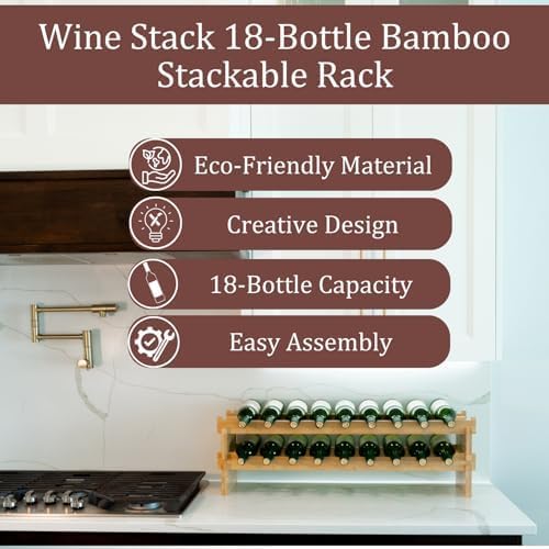 18 Bottle Bamboo Stackable Small Wine Rack for Countertop, No Tools Assembly, Durable, Wine and Liquor Bottle Storage for Small Spaces