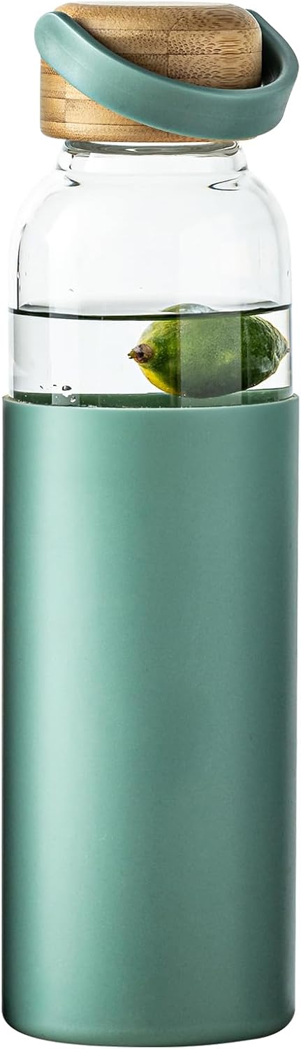 21oz Borosilicate Glass Water Bottles with Silicone Non-Slip Sleeve & Leak-Proof Lid-Reusable Drink Bottle for Office,Travel,Gym,Hiking-BPA Free,Ideal Gift for Home,Car &Fitness (Green)