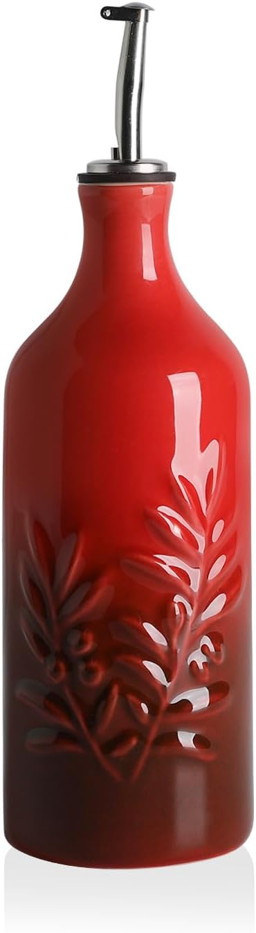Sweejar Ceramic Olive Oil Dispenser Bottle, 20 Oz Relief Opaque Oil Cruet Protects To Reduce Oxidation, Suitable for Storage Vinegar, Soy Sauce, Coffee Syrup, Liquids, Set of 1 (Gradient Red)