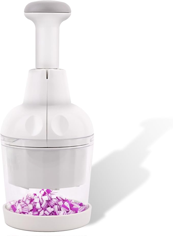 Food Chopper Vegetable Cutter with Container Onion Veggie Garlic Nut Dicer Manual Hand, White