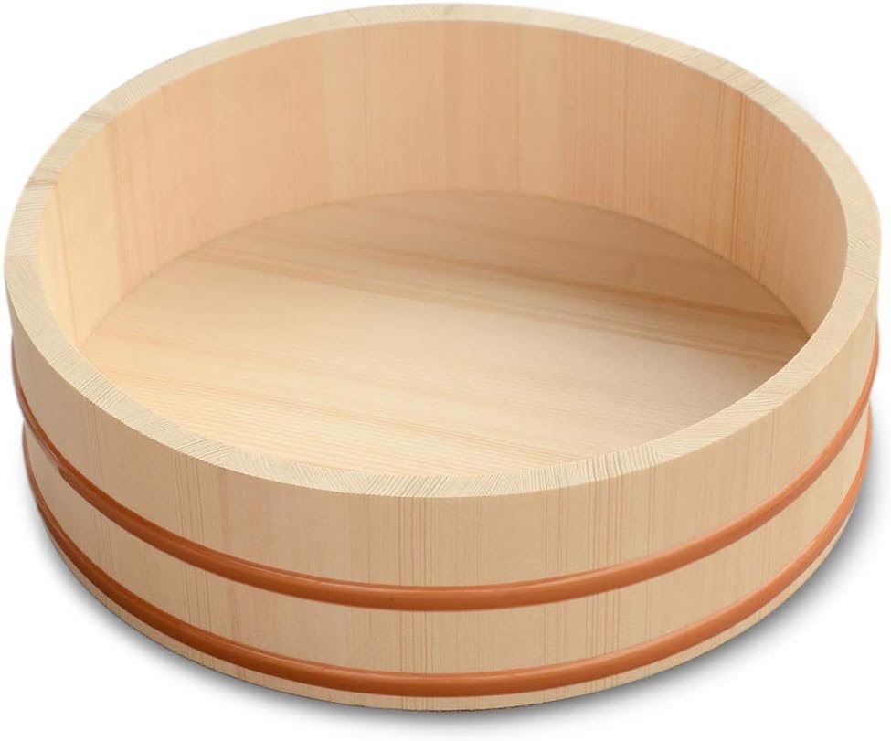 Kichgather 10.6 Inch Wooden Sushi Rice Bowl Hangiri Sushi Oke Rice Mixing Tub