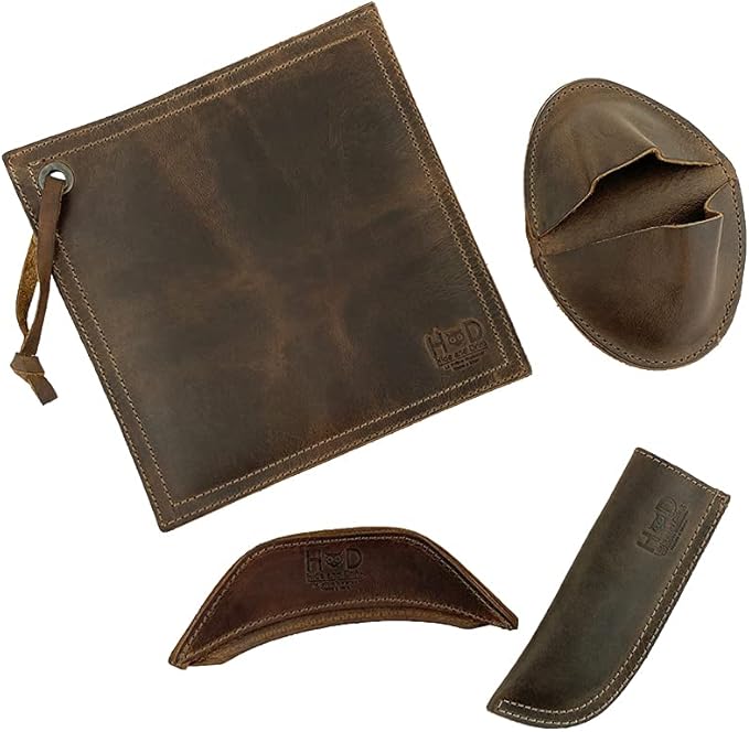 Hide & Drink, Set of 4 Hot Handle Holders, Panhandle, Side Kick, Grip Mitt & Square Pot Holder for Cast Iron Skillets & Pans, Full Grain Leather, Handmade, Bourbon Brown