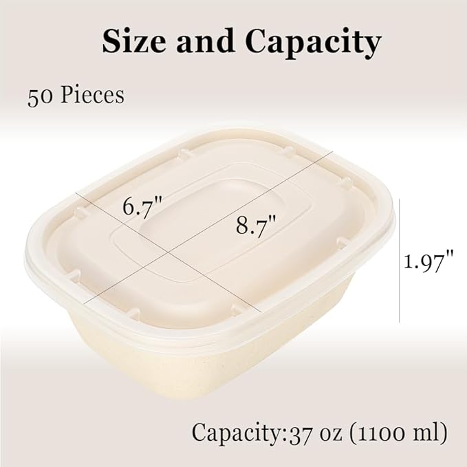 Aksipo 50 Pack 37 Oz Disposable Food Containers with Lids, Compostable Meal Prep Containers with Lids, Leak-proof To Go Food Box Cardboard Take Out Lunch Box Rectangle Paper Bowls for Salad,Leftovers
