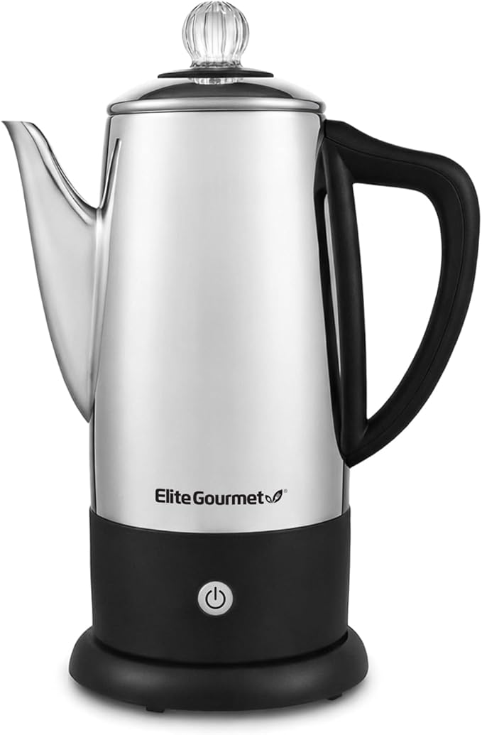 Elite Gourmet EC812 Electric 12-Cup Coffee Percolator with Keep Warm, Clear Brew Progress Knob Cool-Touch Handle Cord-less Serve, Stainless Steel