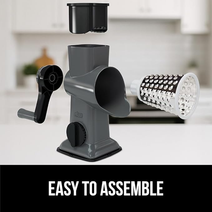 GORILLA GRIP BPA-Free Rotary Cheese Grater Hand Crank, Easy to Set Up, Strong Suction Base for Kitchen Countertop, Shred Potato, Vegetable, Nuts in Seconds, Round Mandoline Slicer, 3 Blades, Gray