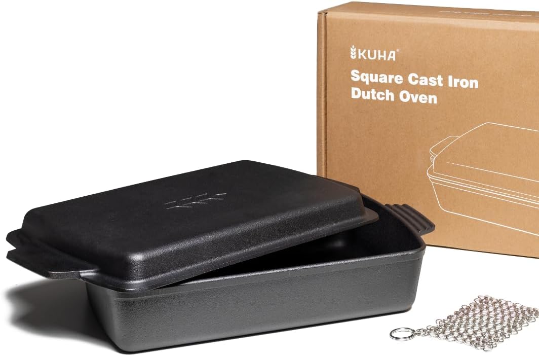 Kuha 2-in-1 Square Cast Iron Dutch Oven, 6 QT – Skillet Lid & Casserole Dish, Pre-Seasoned 13×9 Baking/Roasting Pan, Oven-Grill-Campfire Safe, Comes with Chainmail Scrubber