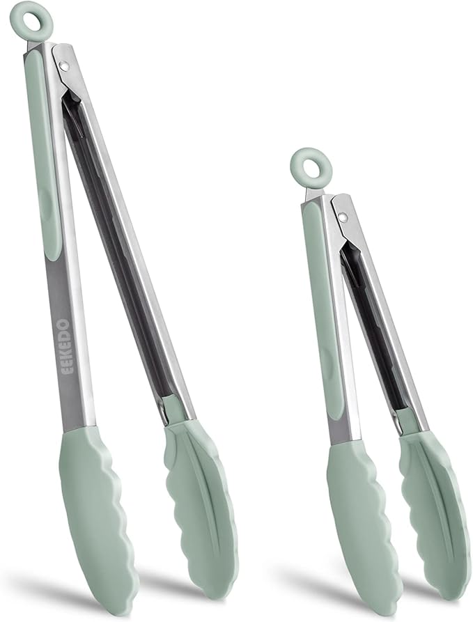 Kitchen Tongs, Stainless Steel Silicone Tongs for Cooking 600ºF High Heat-Resistant BBQ Grilling Locking Tongs, Set of 2-9" and 12" Light Green