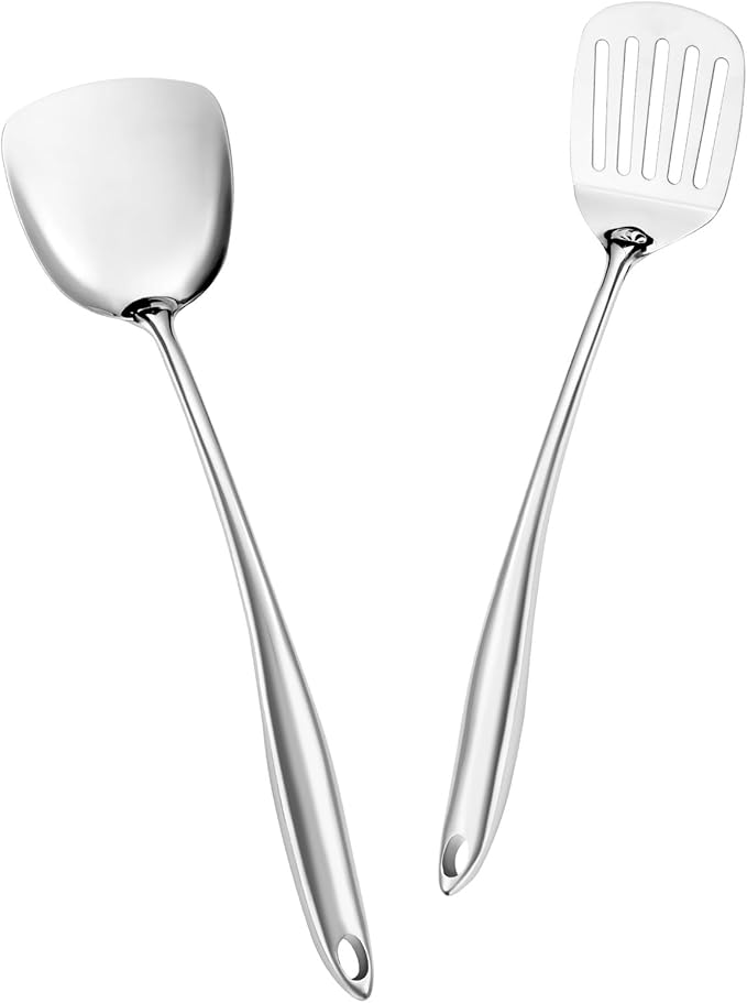 304 Stainless Steel Spatula Set, 2pcs Heavy Duty Metal Kitchen Utensils Set for Cooking,Wok Kitchen Tools Set Come with Slotted Turner & Spatula