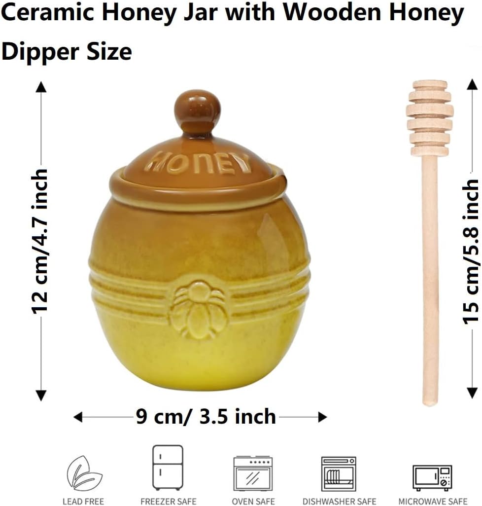 Ceramic Honey Pot with Dipper - Brown Honey Jar with Stand, Great Bee Decor - Farmhouse Kitchen Decor