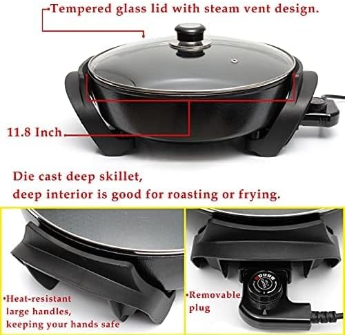 Moss & Stone Round Nonstick Electric Skillet With Lid, Aluminum 12x12 Inch Electric Frying Pan 5Qt, Nonstick Cooking Surface, Adjustable Temperature Control, Vented Glass Lid, Heat-Resistant Handle
