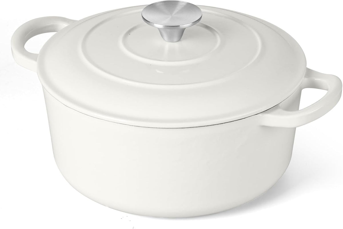 3 Qt Enameled Cast Iron Dutch Oven with Lid, E-far Small Round Nonstick Dutch Oven Pot for Bread Baking Braising Stews Roasting Cooking, Heavy Duty, Induction & Oven Safe - White